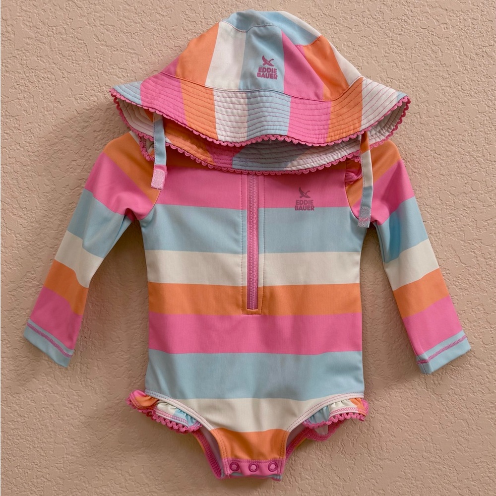 Eddie Bauer Pink Multi-Stripe Long-Sleeve Baby Swimsuit with Sun Hat